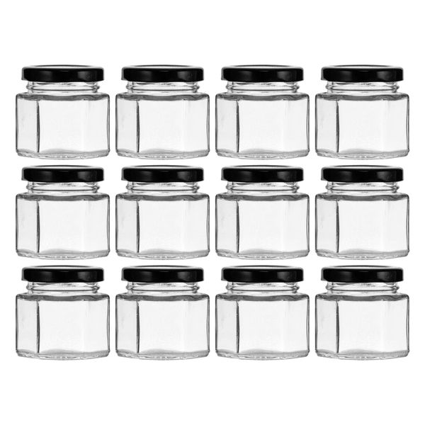 REGENT GLASS HEXAGONAL JAR WITH BLACK LID 12 PACK, 60ML (53X50X50Mm)