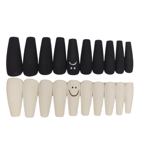 Luxury Press On Nails - Long Coffin Black &amp; White Face Set - 20 Piece