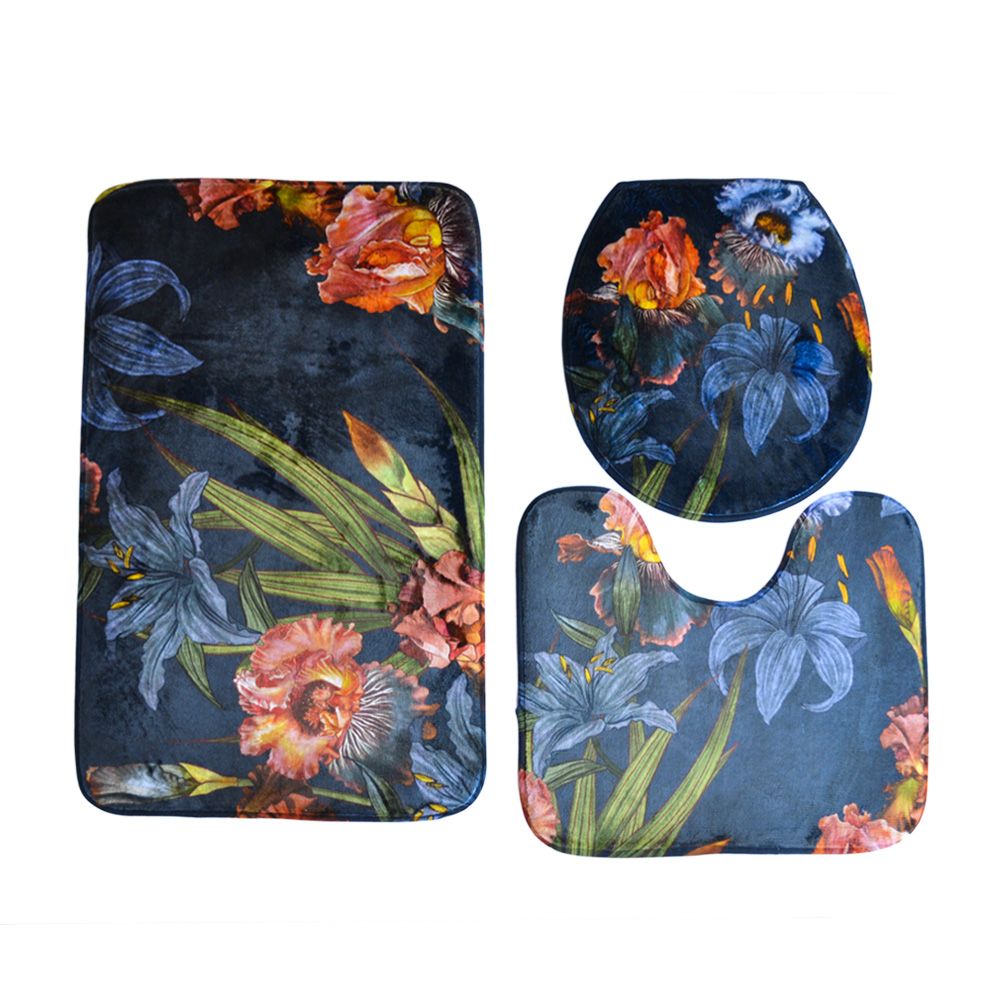 Cape Art Memory Foam 3 Piece Bath Mat Set Floral Navy Lilies And Iris