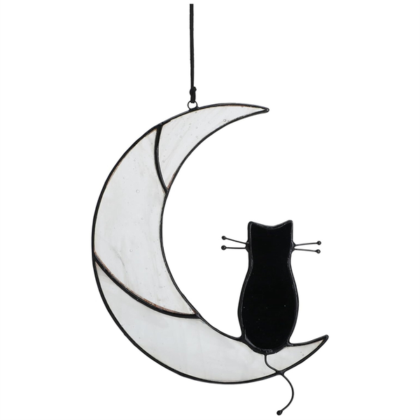 Black Cat Sitting On White Moon Suncatcher