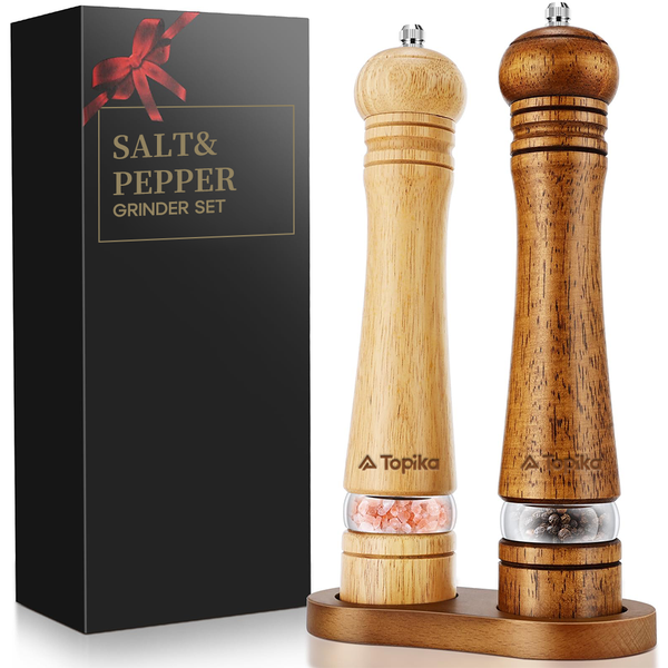 Topika Wooden Salt and Pepper Grinder Set with Tray, 8/10 Inch, 2 per set