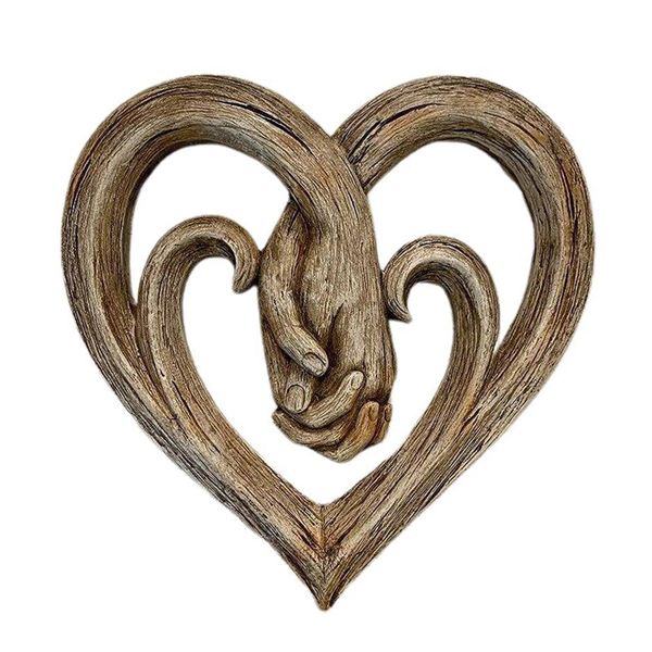 Wooden Heart Holding Hands Sculpture for Home Office Wall Decorations