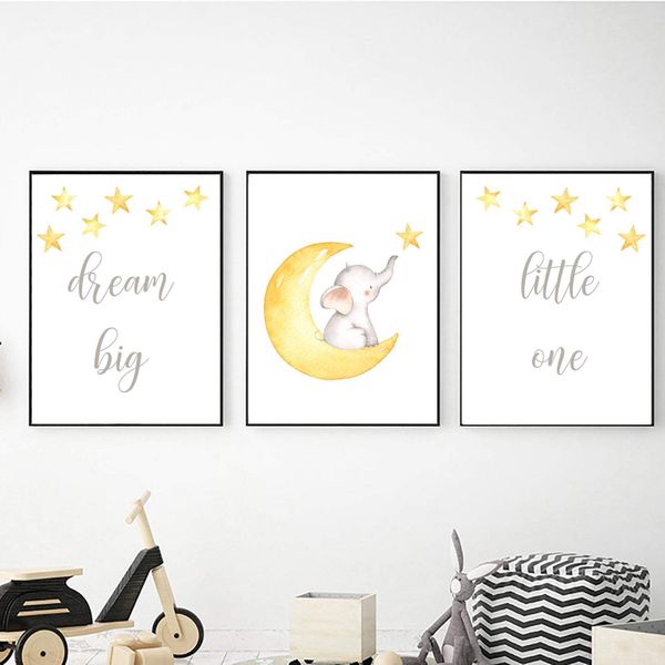 Elephant on Moon Dream Big - A2 - Canvas (3.5cm ) -Set Of 3