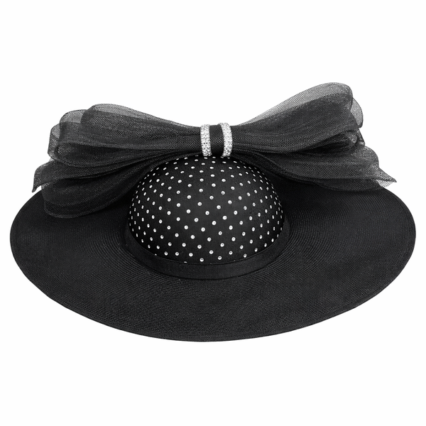 Women's Elegant Wide Brim Hat with Bow &amp; Rhinestones - Black Formal Hat