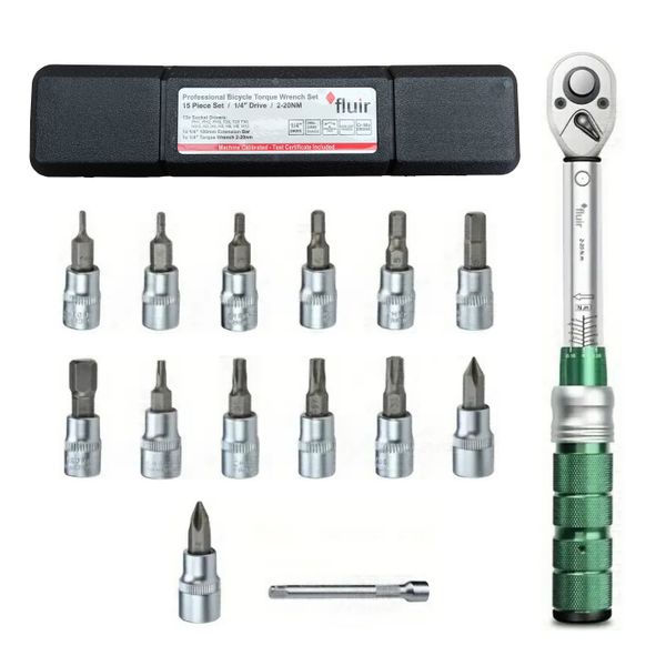 Fluir Workshop 15 Piece 2-20nm Torque Wrench Set 1/4" Drive - Green