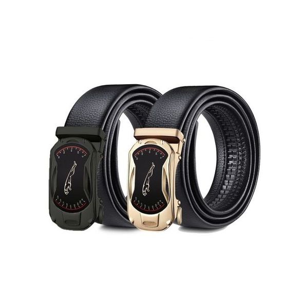 Leather Belt Automatic Sliding Buckle Belt - Black And Golden - 2 Piece