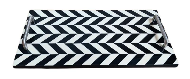 Handcrafted Wooden Serving Tray - Black &amp; White Geometric Pattern