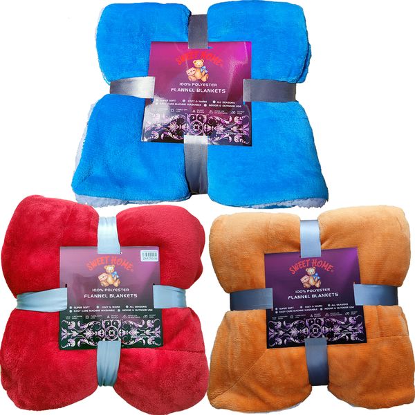 Sherpa Flannel Blanket, 3 Pieces Value Pack. Super Soft Warm Fluffy.