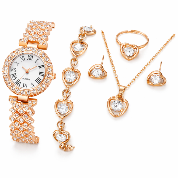 6 Piece Rose Gold Rhinestone Quartz Watch and Jewelry Set