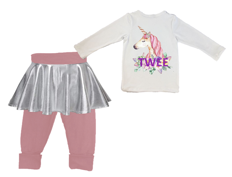My second birthday-Long sleeve foldover pants with built in skirt-Unicorn