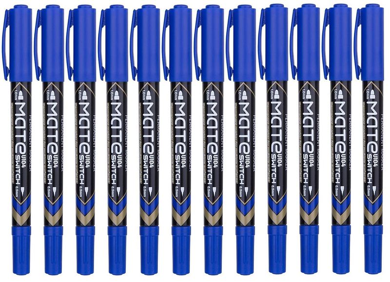 Deli 2 in 1 Mate Permanent and Fine Liner Blue Marker - 12 Pack - U10430