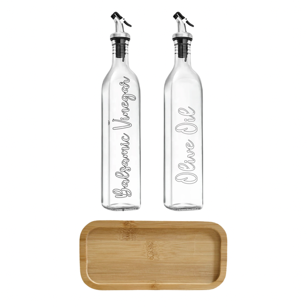 Set of 2 Glass Oil Dispensers With Bamboo Tray