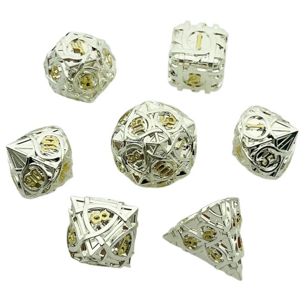 7-Piece Hollow Metal Polyhedral Dice Set Silver Maze Design W/ Gold Numbers