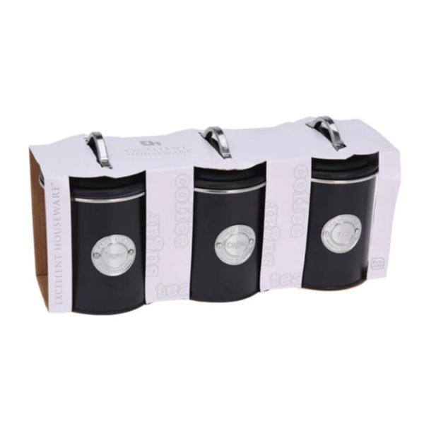 3 Piece Metal Coffee Tea and Sugar Kitchen Storage Canister Set