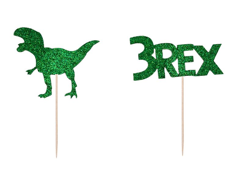 Glitter 3 Rex Theme Dinosaur Cupcake Toppers - 12 Toppers