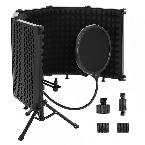5-Panel Studio Recording Mic Isolation Shield with Pop Filter Tripod Stand