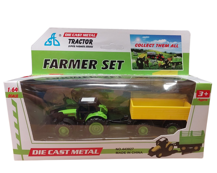 DieCast Farmer set with Green Tractor and Yellow Wagon