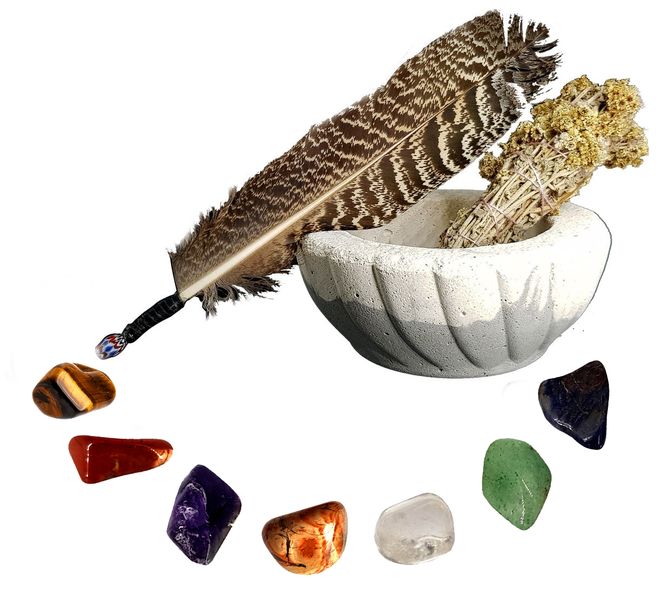 Smudge Bowl&amp;Smudge Wand -Peacock Smoke Feather Fan&amp;7 Chakra stones- Grey