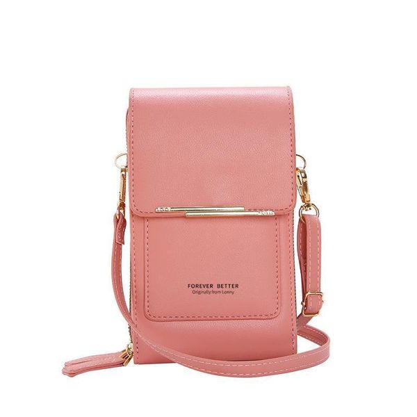 Touchscreen Crossbody Phone Pouch - PU Leather Multi-Pocket Wallet Bag - Pink
