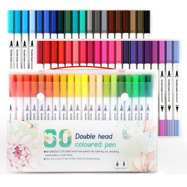 Dual Tip Brush Marker and Fineliner Pen Set of 60