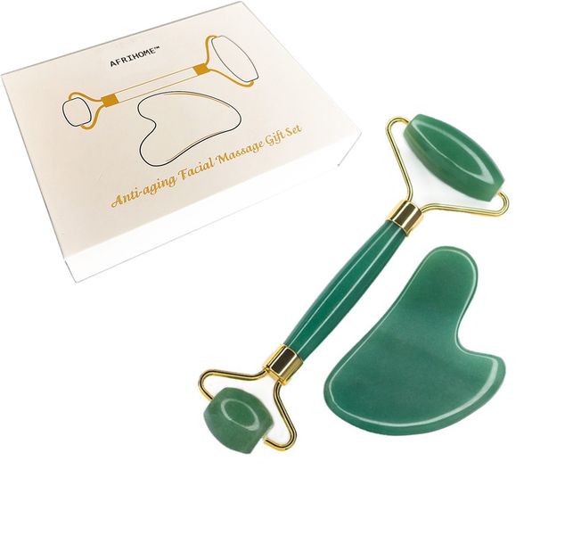 Facial Jade Roller Massager &amp; Gua Sha Set - Genuine Burmese Khansee Jade