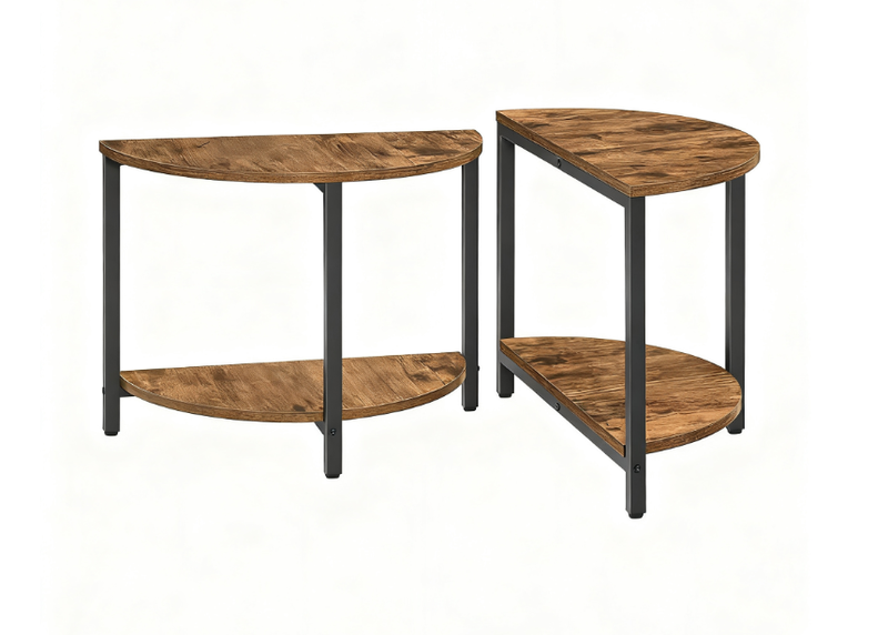 Furnny - Small Round Side Table Set of 2 - Half Moon - 2-Tier - Rustic Brown