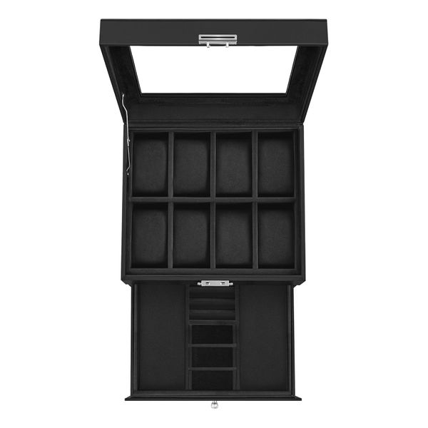 8-Slot Black Watch Box, Glass Lid, Drawer, 2 Layers