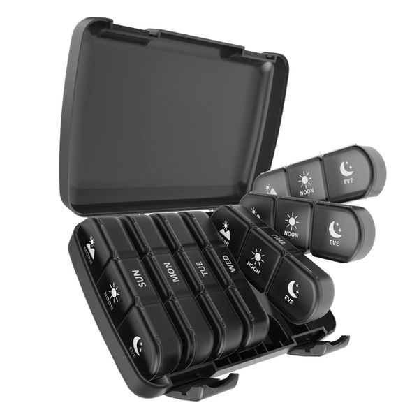 PillBox Organizer Box 3 Times Day Compartment Weekly Supplements Box -Black