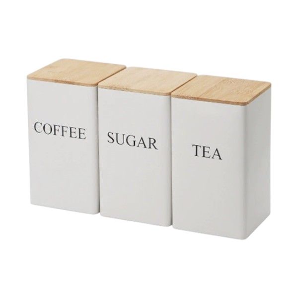 3-Piece Iron Storage Canister Set with Bamboo Lids - White