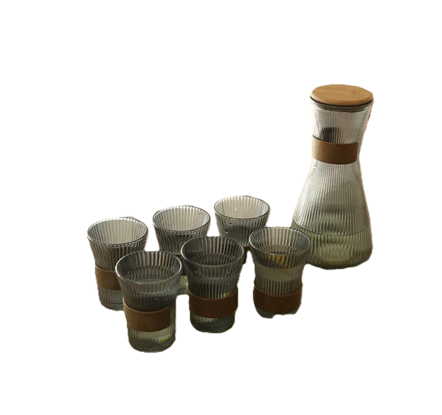 Ribbed Glass Pitcher Set with 6 Cups