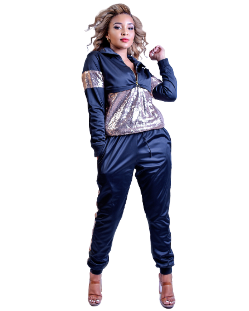 Selphies Sequin Trimmings Tracksuit Set in Black and Rose Gold Sequin ...