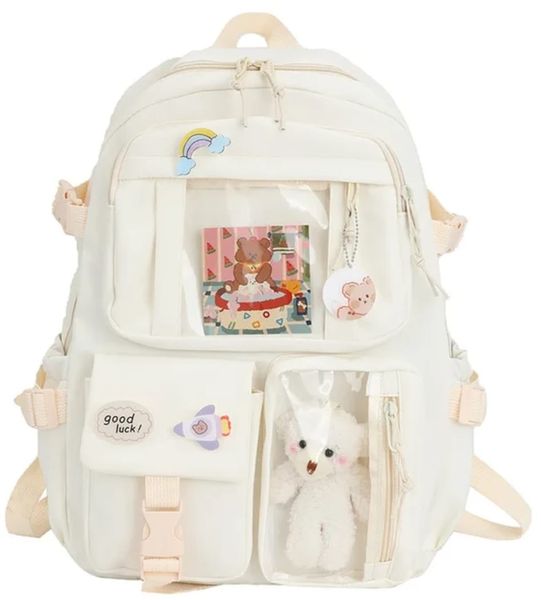 Multi-Pocket Adjustable Straps Backpack School Bag Cute For Kids-White