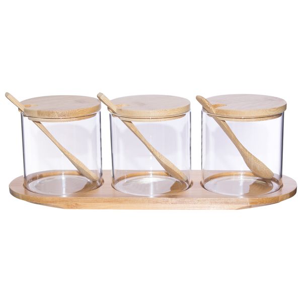 3 Piece Glass Container Set with Spoons and Holder - 450ML