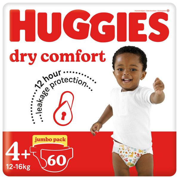 Huggies Dry Comfort - Size 4+ (12-16kg) Jumbo Pack - 60 Nappies