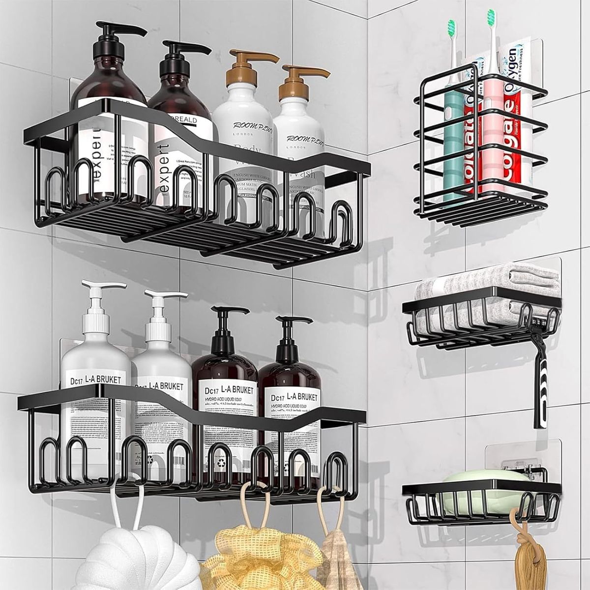 Shower Caddy Storage Rack 5 Pack Bathroom Hooks Adhesive Kitchen Shelf