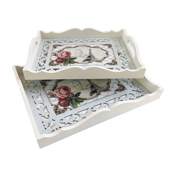 Carved Rosewood Elegant Victorian Style Tea Tray Serving Tray - Set Of 2