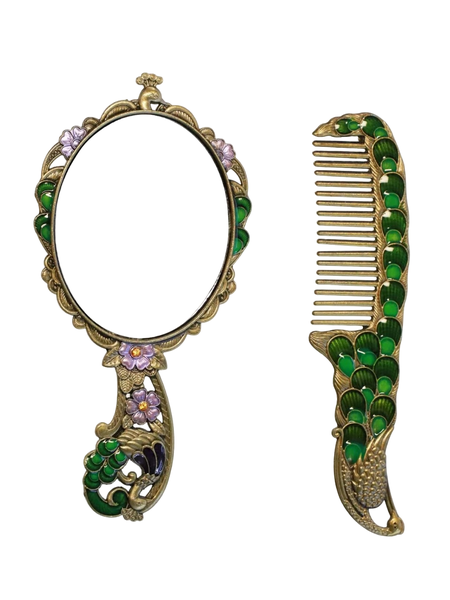 Vintage Small Peacock Makeup Mirror &amp; 1 Piece Hair Comb