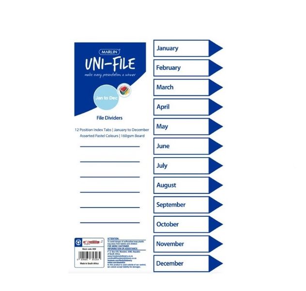 Marlin - File Dividers 160gsm Pastel Board: Jan To Dec (Pack Of 10)