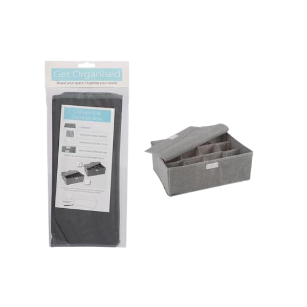 Get Organised Homeware- Collapsible Grey Storage Box With Compartments