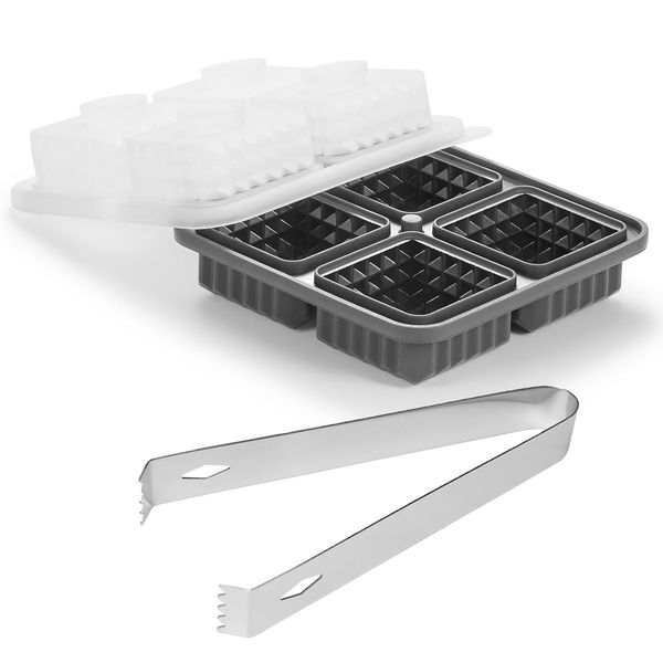 Ice Cube Molds Tray, Large Silicone Whiskey Ice Mold with Lid &amp; Ice clip
