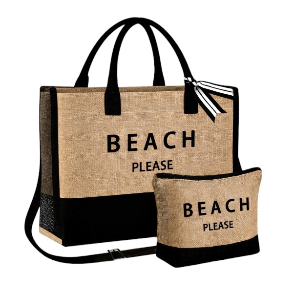 Beach Please Tote Bag, With Matching Pouch, Summer Beach Bag Set