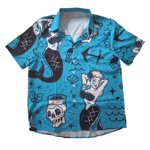 Men Blue Retro Funky Short-Sleeved Summer Shirt