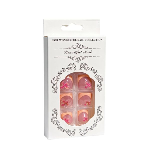 Press On Toenails French Tip 3D Floral Pattern Orange