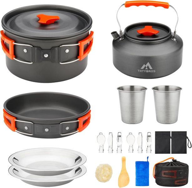 17 pieceCamp Cookware Set,0.45Gal Pot,7in Pan, Kettle,2 SS Utensils Hiking