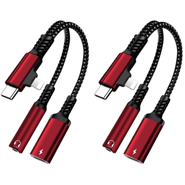 2pcs2 in 2 Lightning and USB C to 3.5mm Headphone and Fast Charger Adapter