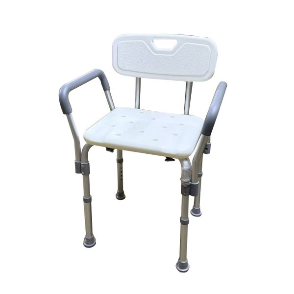 Shower chair for the elderly with padded armrests