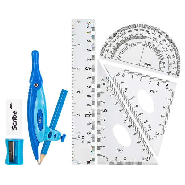 DELI 8 PCS Drafting Set - 15cm Ruler, Compass, Protractor, Random Colors