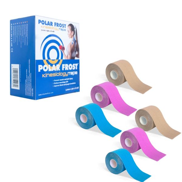 POLAR FROST Kinesiology Tape MIX (6 rolls, 5m per roll)Hypoallergenic and Skin-Safe: Latex-free, 96% cotton fabric