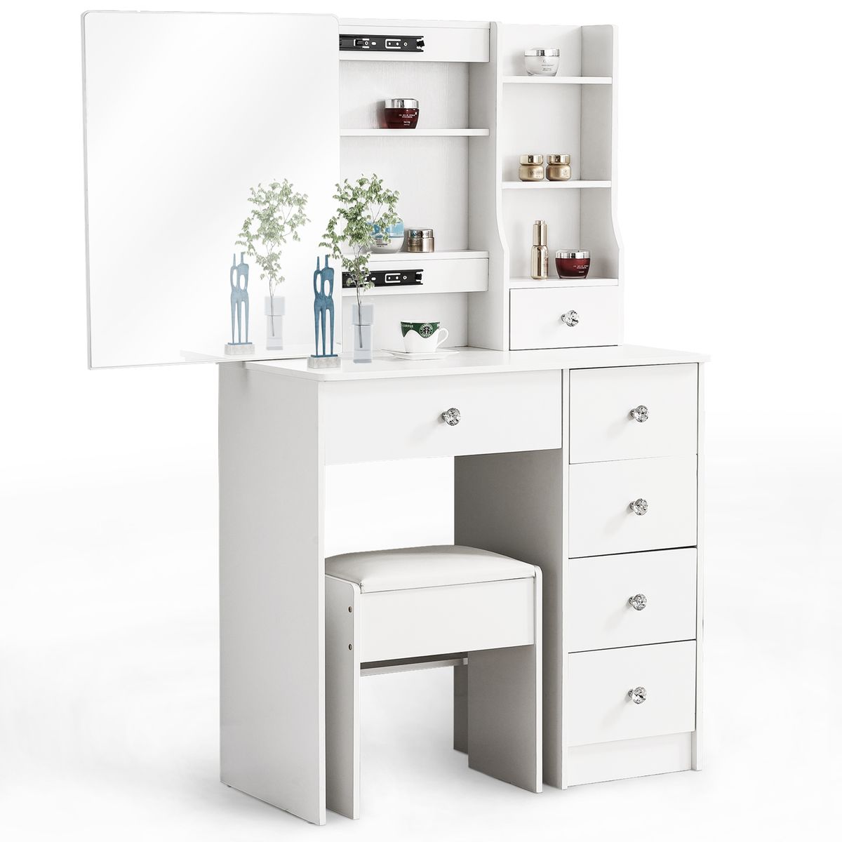 Dressing Table with Stool Vanity Desk Makeup Mirror Jewelry Storage