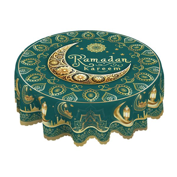 Ramadan Auspicious Emerald Green Gold Round Tablecloth-152cm,2-4 Seater